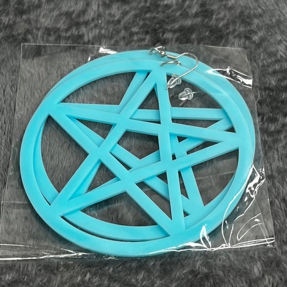 Pentagram Oversized Earrings Hoops Blue Plastic Star Pentagon NIP Lg 3.5 in Goth - Picture 5 of 5